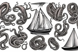 1600 Era sailboat, giant tentacles in fleshy colour dragging the crushed ship under tattoo idea