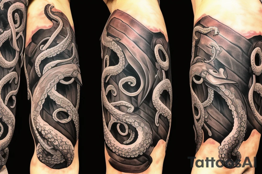 giant tentacles in fleshy colour dragging a wooden ship under water, splintering wood, kraken pirates of the Caribbean tattoo idea