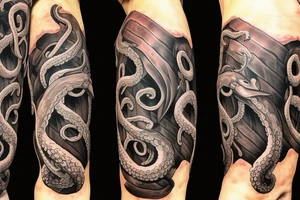 giant tentacles in fleshy colour dragging a wooden ship under water, splintering wood, kraken pirates of the Caribbean tattoo idea