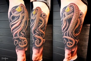 giant tentacles in fleshy colour dragging a wooden ship under water, splintering wood, kraken pirates of the Caribbean tattoo idea