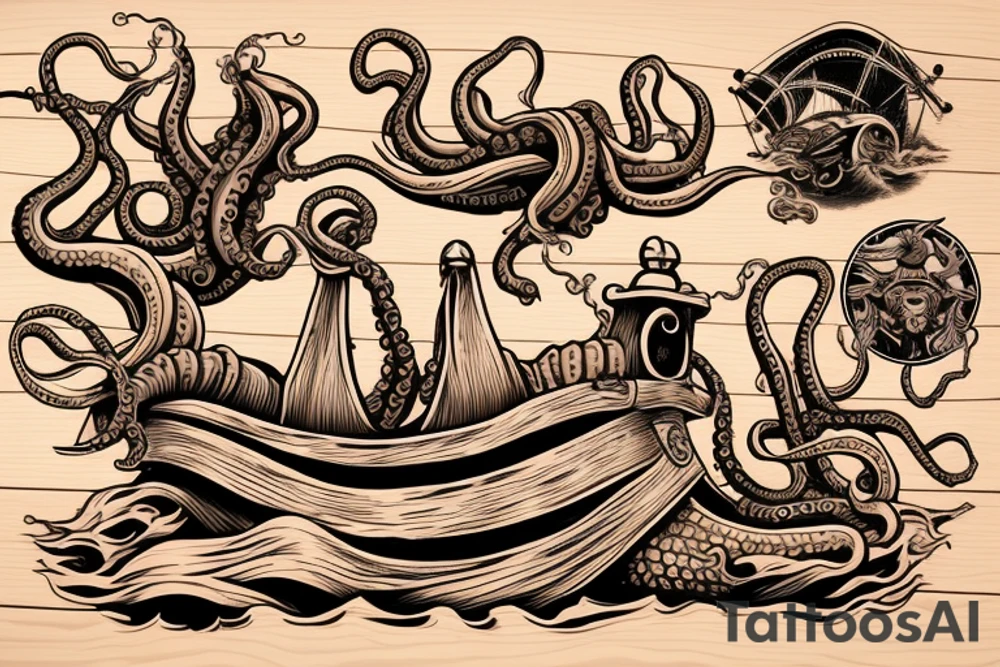 giant tentacles in fleshy colour dragging a wooden ship under water, splintering wood, kraken pirates of the Caribbean
A wooden ship being dragged under water by fleshy giant tentacles tattoo idea