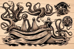 giant tentacles in fleshy colour dragging a wooden ship under water, splintering wood, kraken pirates of the Caribbean
A wooden ship being dragged under water by fleshy giant tentacles tattoo idea