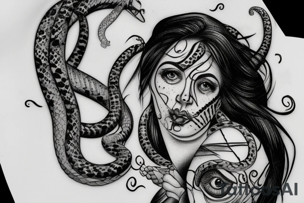 greek cracked female head sculpture With snakes on eyes tattoo idea