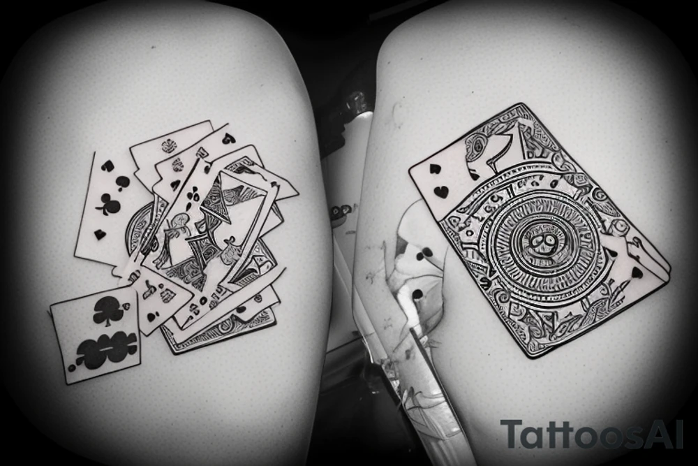 Two playing cards with a die around it  and music notes tattoo idea