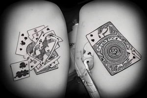 Two playing cards with a die around it  and music notes tattoo idea