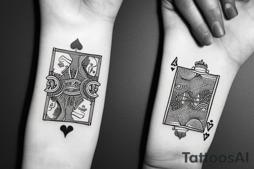 Two playing cards with a die around it  and music notes tattoo idea