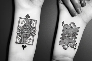 Two playing cards with a die around it  and music notes tattoo idea