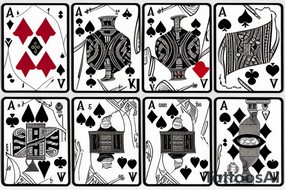 Two playing cards with a die around it  and music notes tattoo idea