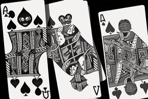 Two playing cards with a die around it  and music notes tattoo idea