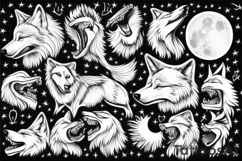 Wolf with mouth open, moon, tattoo idea