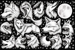 Wolf with mouth open, moon, tattoo idea