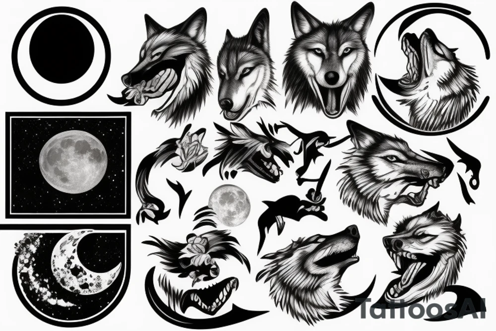 Wolf with mouth open, moon, tattoo idea