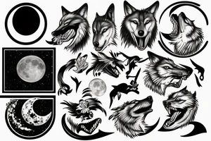 Wolf with mouth open, moon, tattoo idea