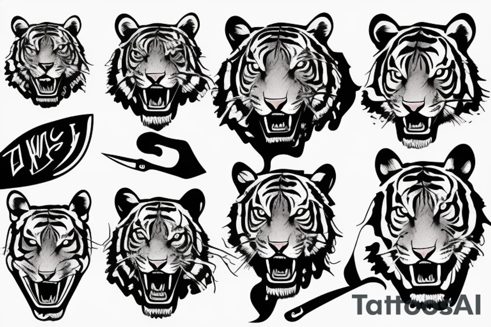 Tiger with knife burning dollars tattoo idea