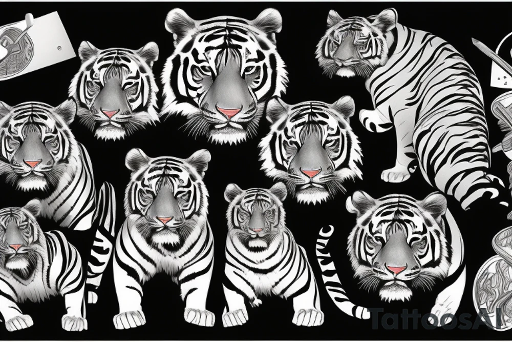 Tiger with knife burning dollars tattoo idea