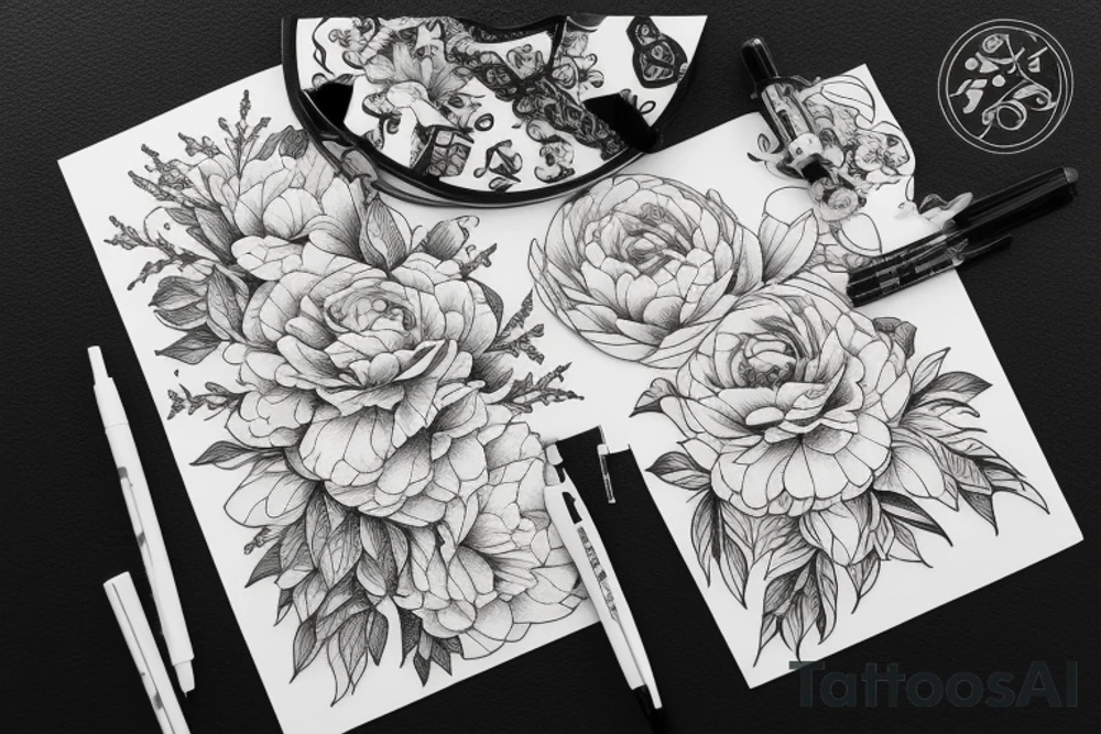 Peonies with ornament tattoo idea