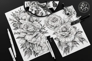 Peonies with ornament tattoo idea