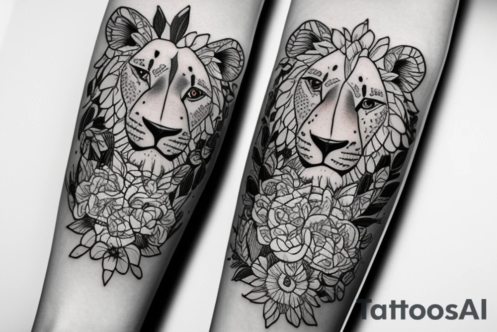 lioness with baby lion in flowers tattoo idea