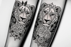 lioness with baby lion in flowers tattoo idea