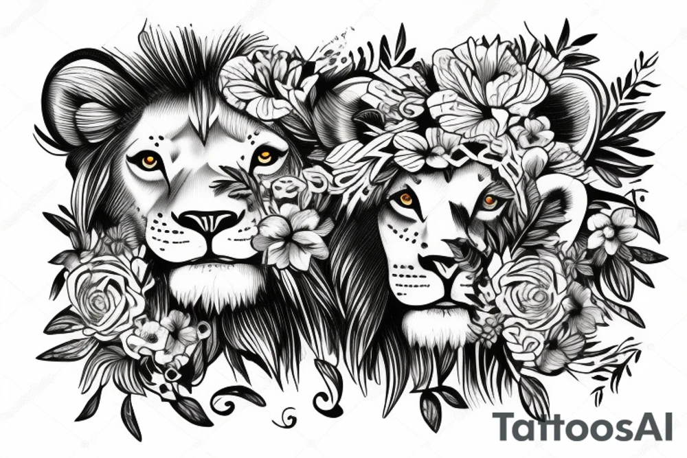 lioness with baby lion in flowers tattoo idea