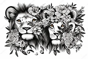 lioness with baby lion in flowers tattoo idea