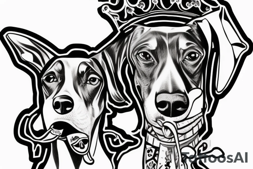 doberman with a crown with a pistol in its mouth tattoo idea