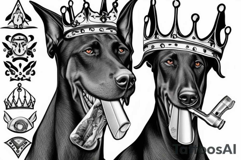 doberman with a crown with a pistol in its mouth tattoo idea