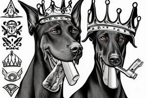 doberman with a crown with a pistol in its mouth tattoo idea
