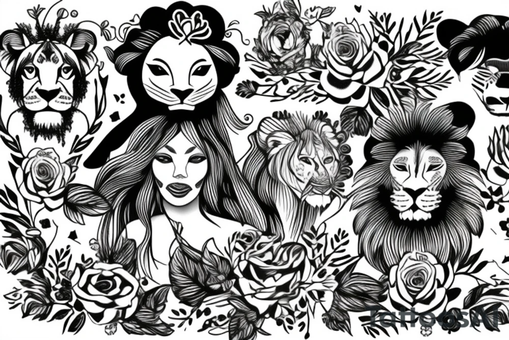 lioness with baby lion in flowers tattoo idea