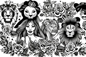 lioness with baby lion in flowers tattoo idea
