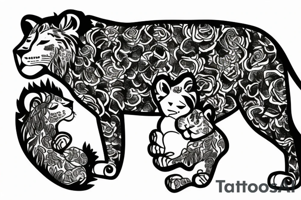 lioness with baby lion in flowers tattoo idea