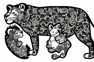 lioness with baby lion in flowers tattoo idea