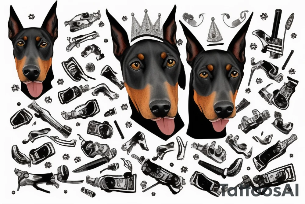 doberman with a crown with a pistol in its mouth tattoo idea