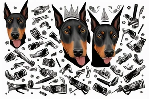 doberman with a crown with a pistol in its mouth tattoo idea