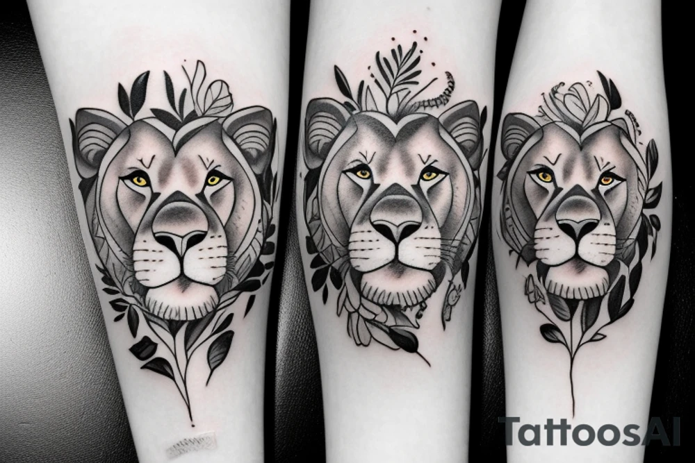 lioness with baby lion in flowers tattoo idea
