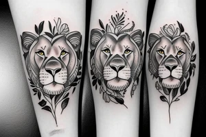 lioness with baby lion in flowers tattoo idea