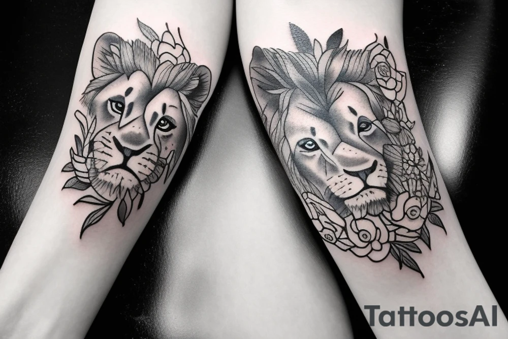 lioness with baby lion in flowers tattoo idea