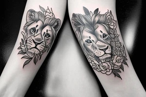 lioness with baby lion in flowers tattoo idea