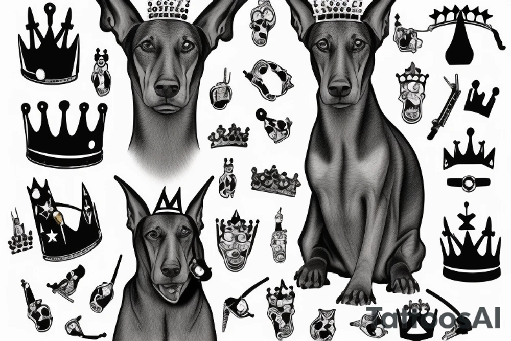 doberman with a crown with a pistol in its mouth tattoo idea