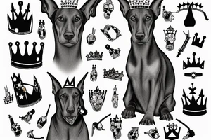 doberman with a crown with a pistol in its mouth tattoo idea
