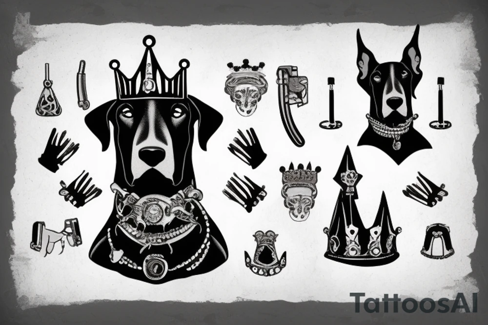 doberman with a crown with a pistol in its mouth tattoo idea