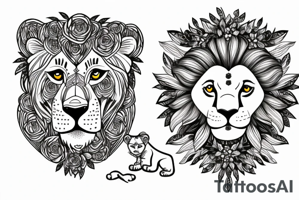 lioness with baby lion in flowers tattoo idea