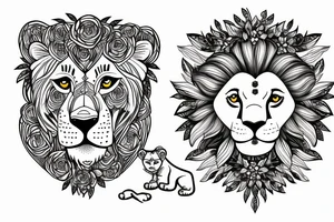 lioness with baby lion in flowers tattoo idea