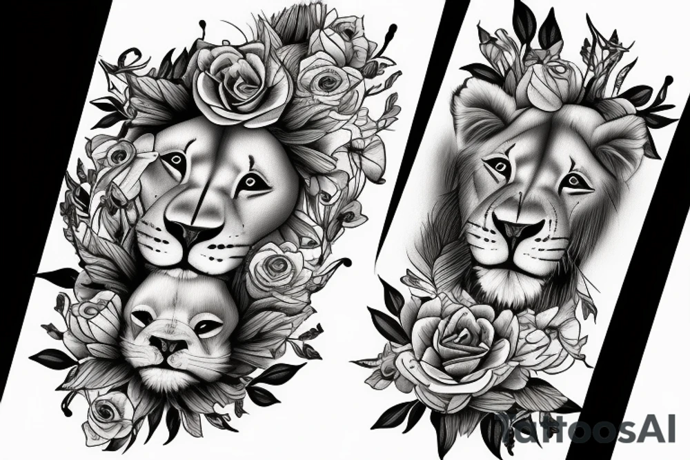 lioness with baby lion in flowers tattoo idea