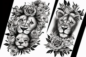 lioness with baby lion in flowers tattoo idea