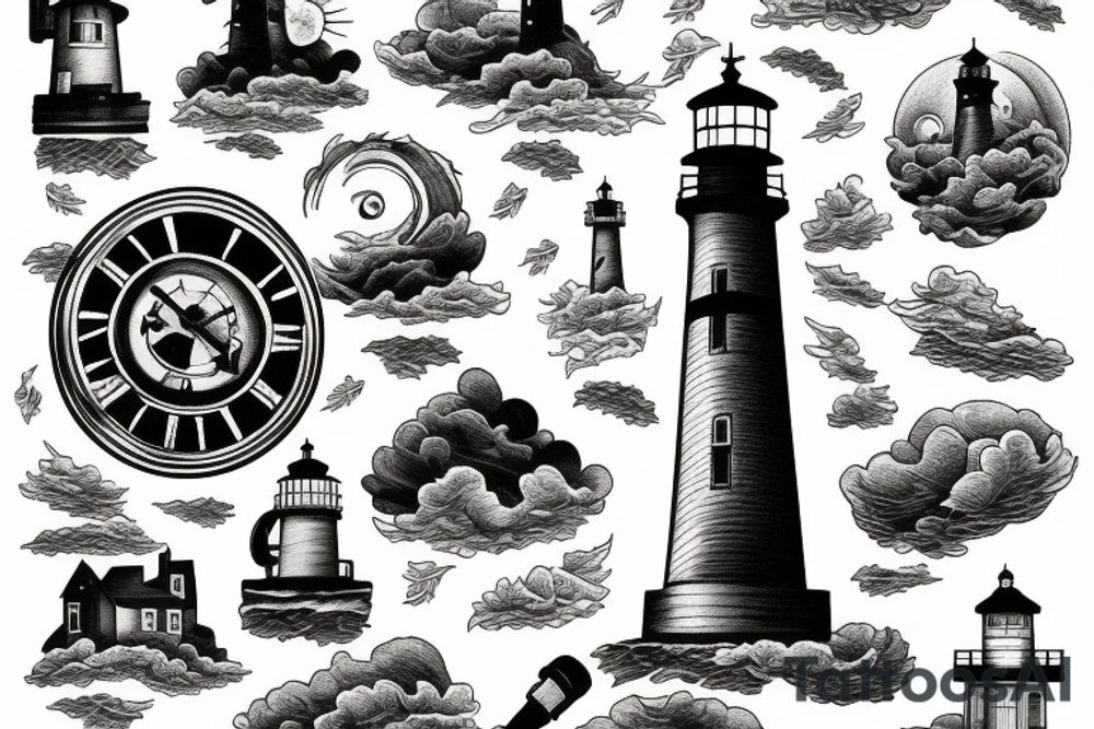 Lighthouse on stormy seas shining above the clouds tattoo idea Lighthouse on stormy seas shining above the clouds tattoo idea