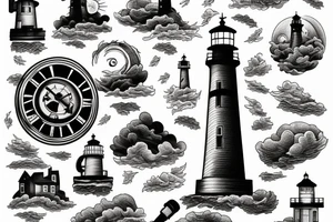 Lighthouse on stormy seas shining above the clouds tattoo idea