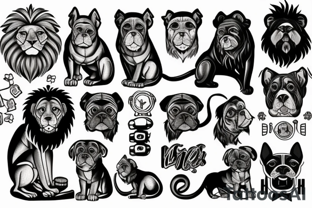 Lion, cross, monkey, Boston terrier, weights tattoo idea