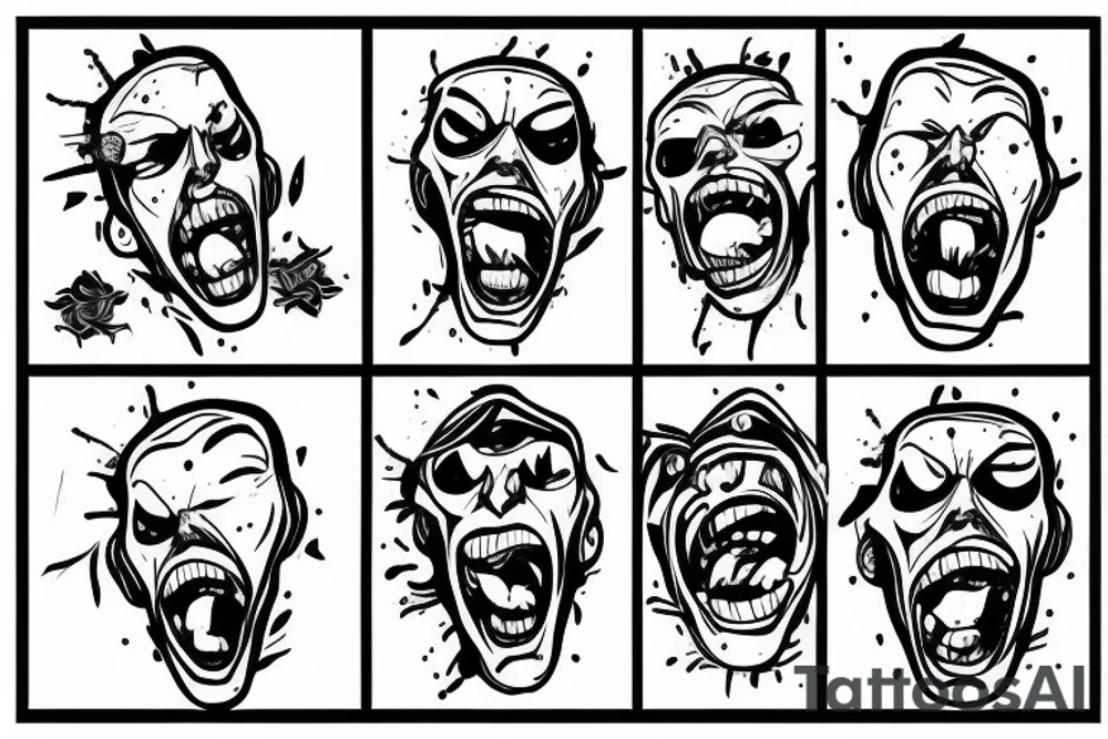 Man screaming while his head full of thoughts expolde. tattoo idea