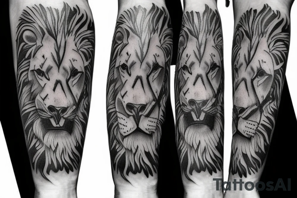 Lower sleeve with lion, cross, tattoo idea